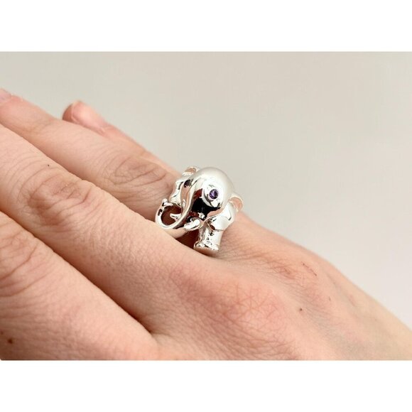 Amethyst Gemstone Eyes Elephant Polished Sterling Silver Vintage Ring - 6.75 - Picture 4 of 10